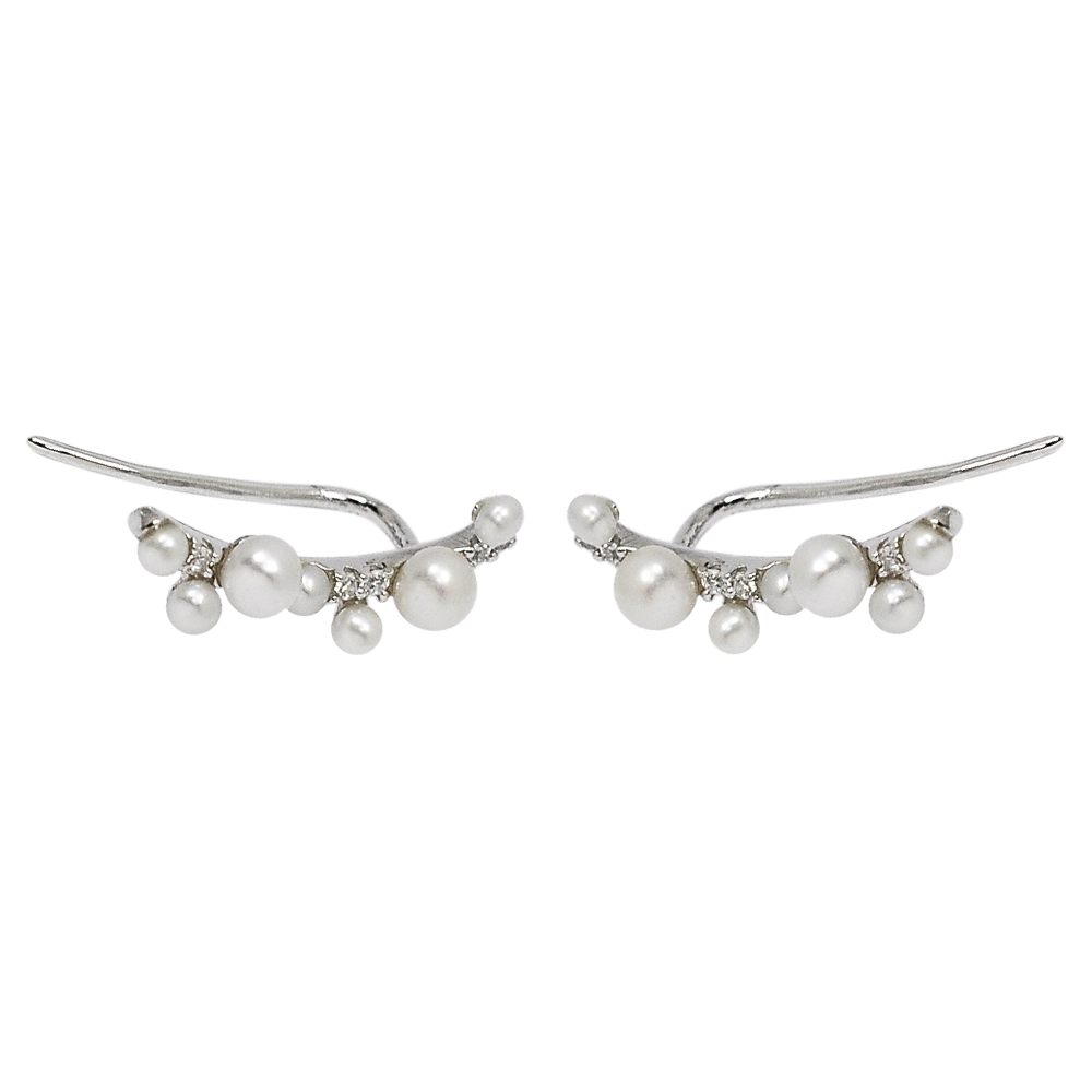 apm MONACO法國精品珠寶 閃耀鑲鋯珍珠樹枝造型銀色耳環