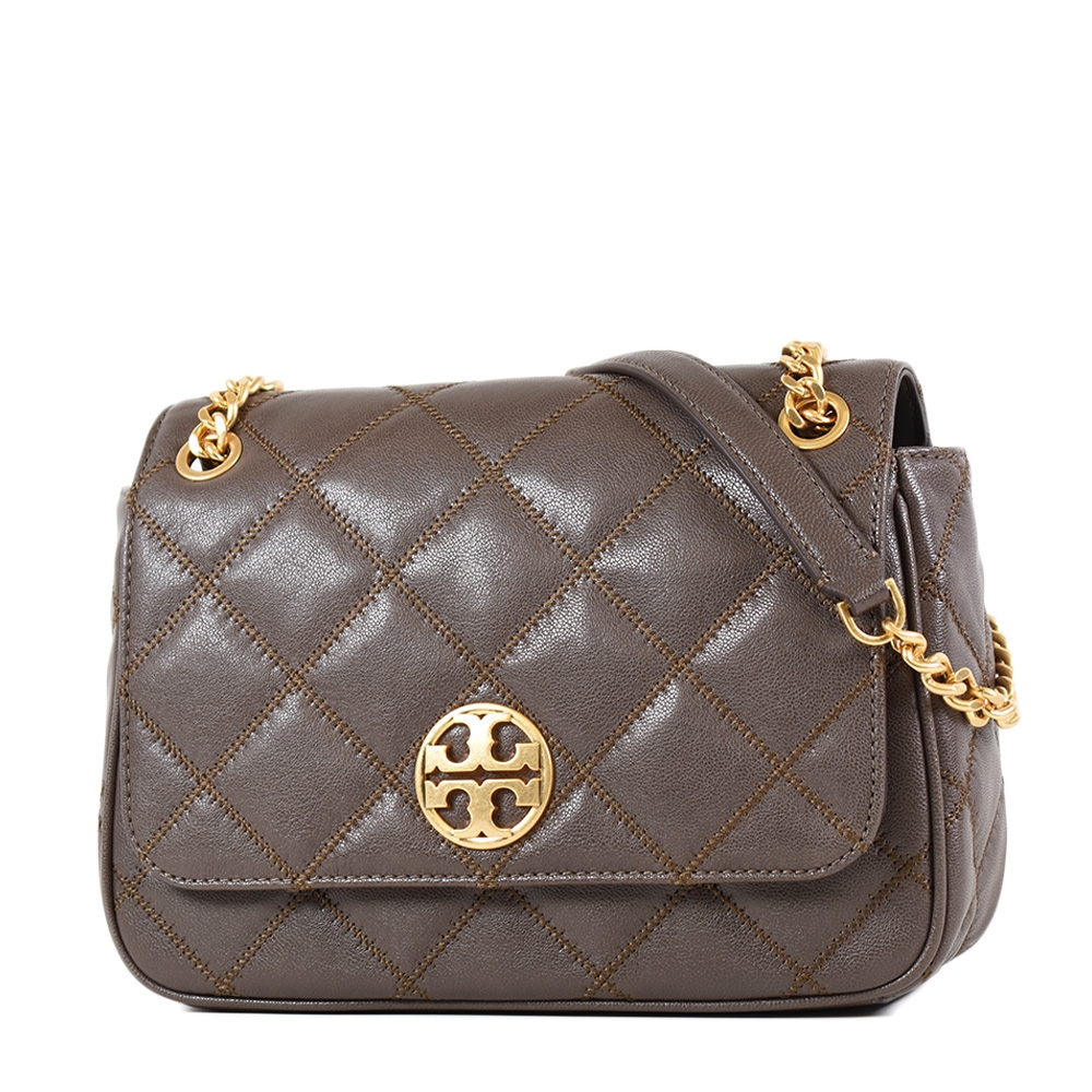 TORY BURCH WILLA 金色LOGO菱格翻蓋肩背/斜背二用包-可可色/中