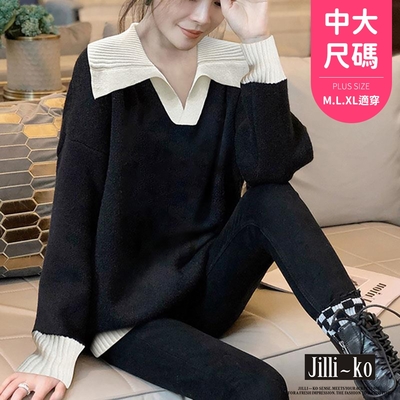 JILLI-KO 翻領設計感毛衣女慵懶風簡約針織上衣中大碼- 黑色