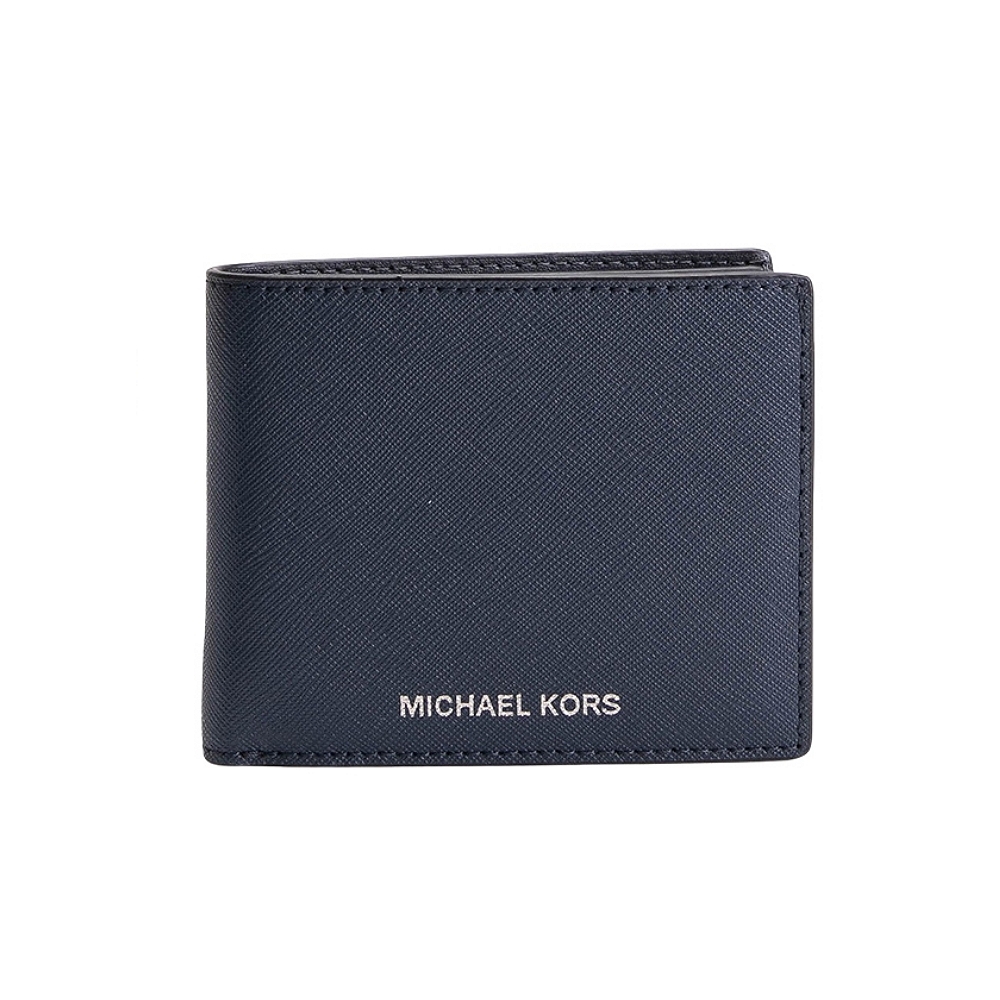 Michael Kors Harrison 銀色燙金LOGO 對開短夾附活動ID票夾(深藍)