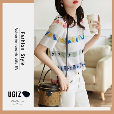 UGIZ-修身甜美圓領撞色條紋圖案造型上衣-條紋(F)