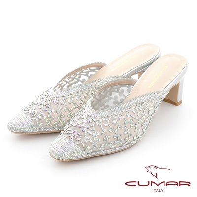 【CUMAR】蕾絲鏤空鑽飾點綴穆勒高跟鞋-銀