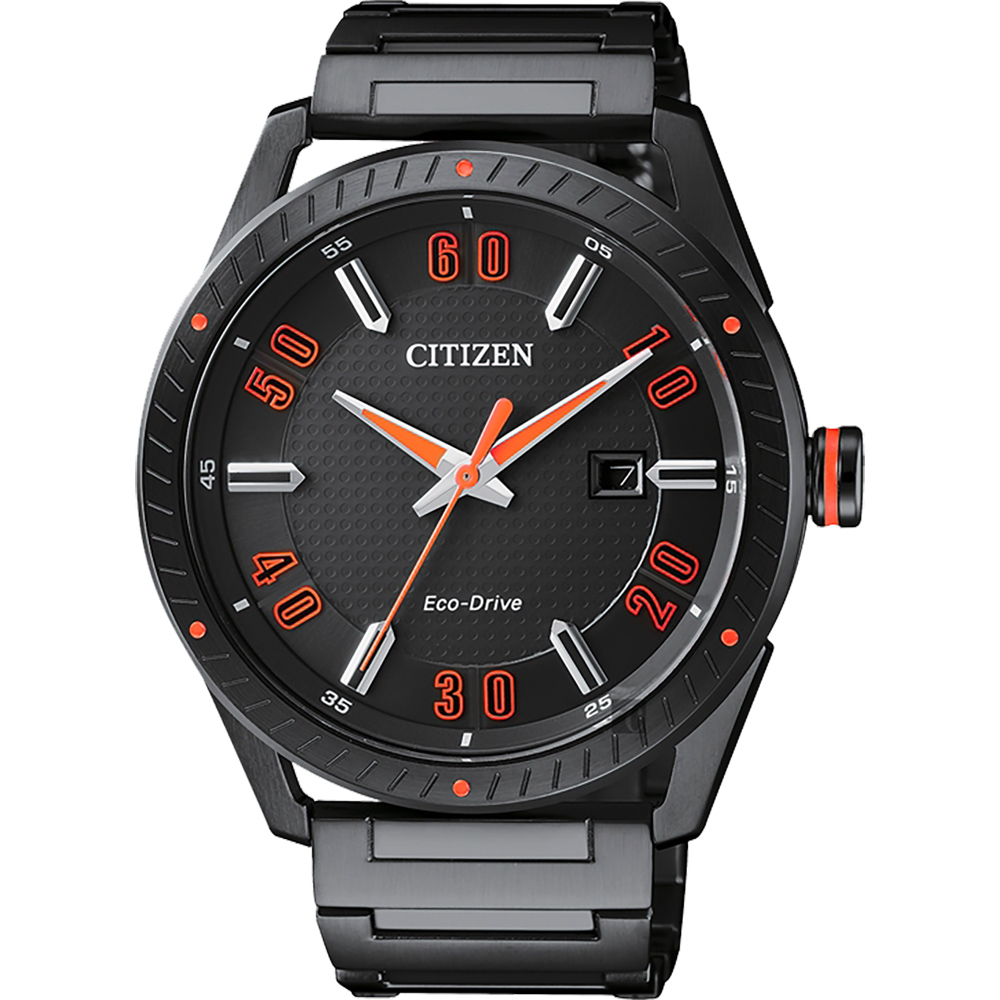 CITIZEN 星辰 光動能渦輪時尚腕錶-黑x橘時標/42mm(BM6998-88E)