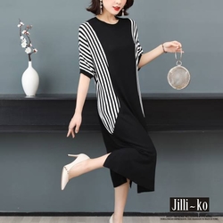 JILLI-KO 簡約條紋拼接連衣裙- 黑色