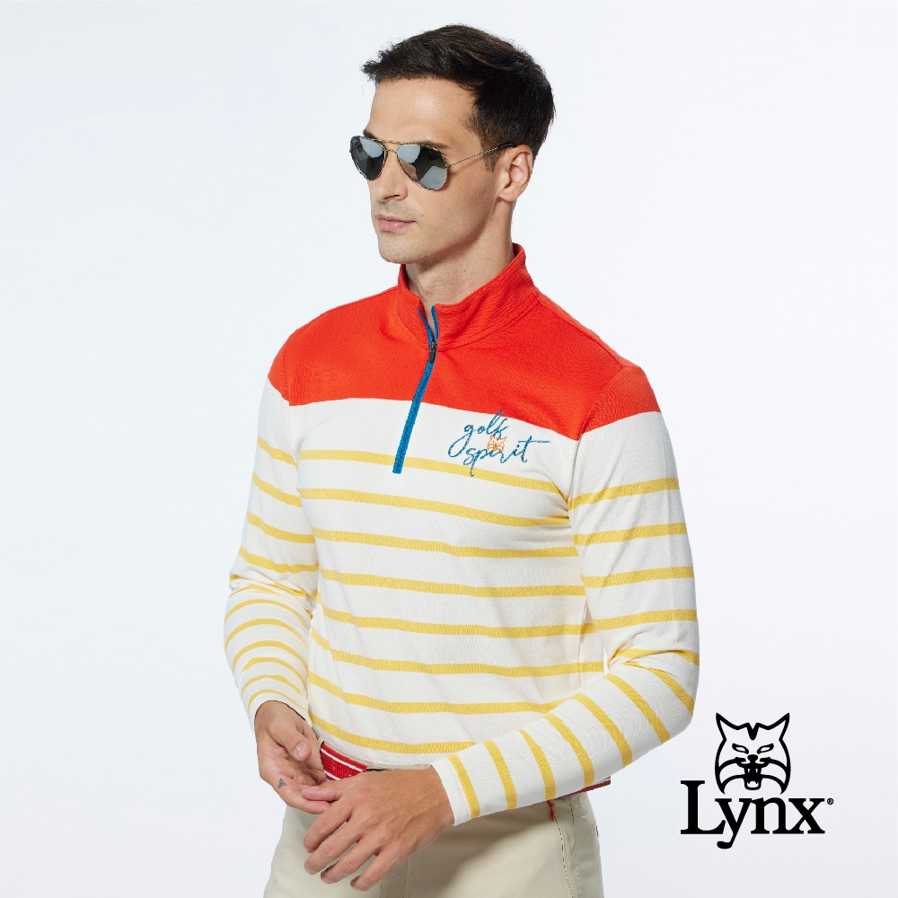 【Lynx Golf】男款合身版內刷毛保暖網眼材質百搭橫條款長袖立領POLO衫-橘色