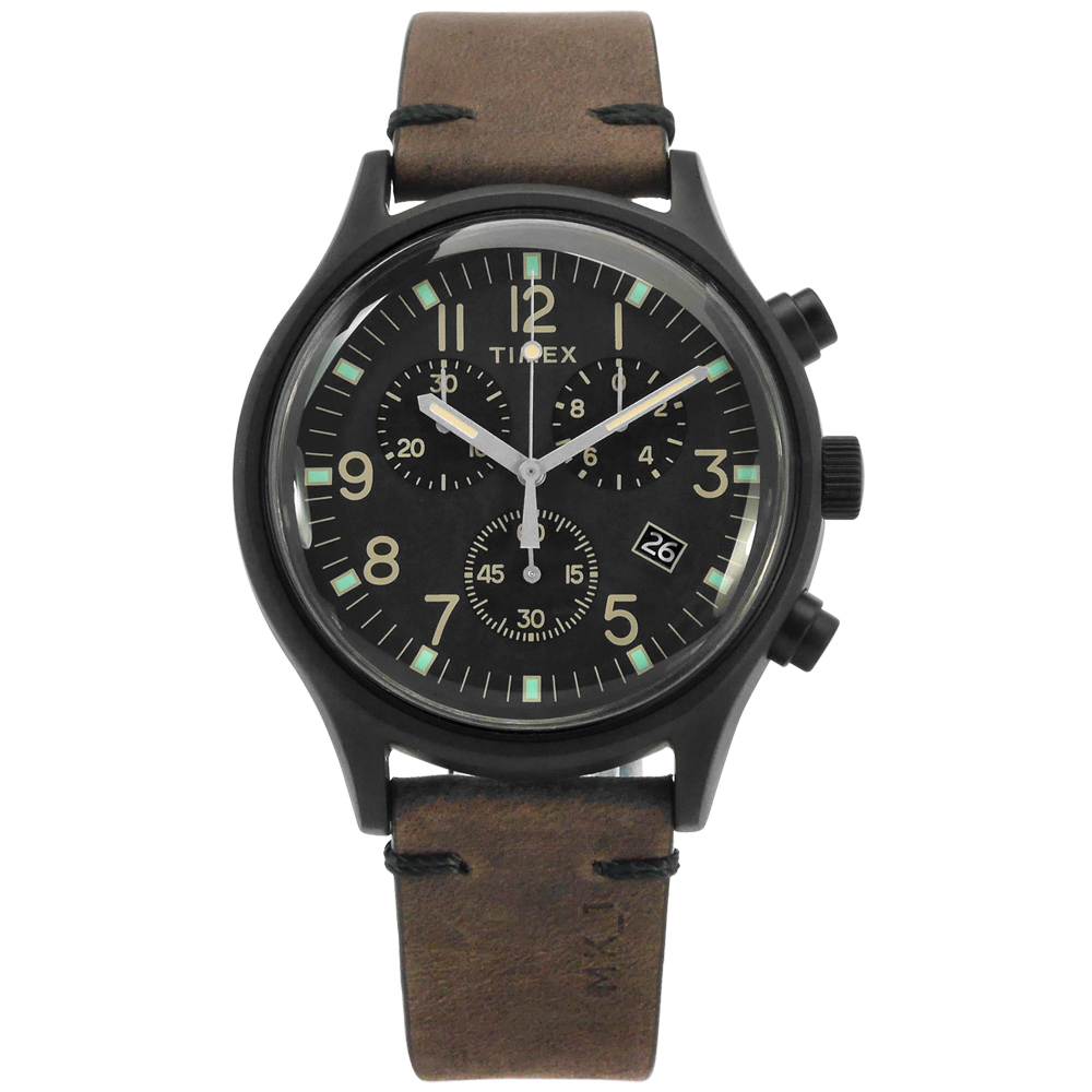 TIMEX 天美時 INDIGLO專利照明三眼計時真皮手錶-黑x深褐/42mm