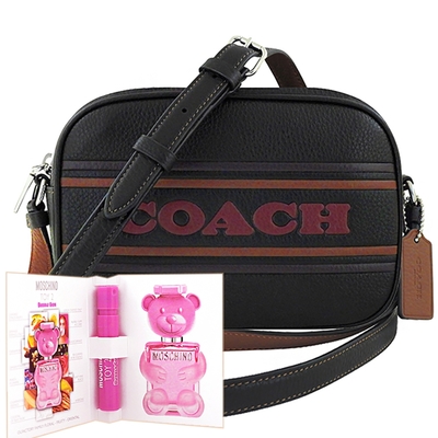 COACH 黑色荔枝紋皮革LOGO條紋斜背相機包+MOSCHINO隨身小香水