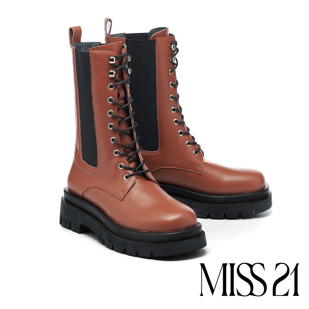 中筒靴 MISS 21 率性復古少女牛皮切爾西綁帶厚底中筒靴－棕