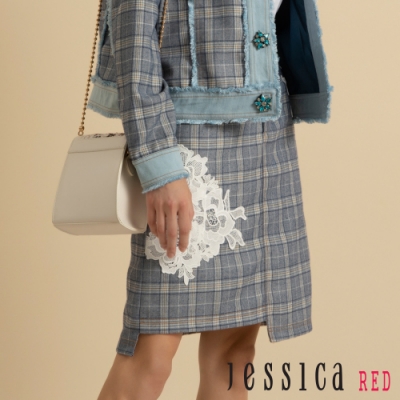 JESSICA RED - 貼片蕾絲格紋不規則半裙短裙