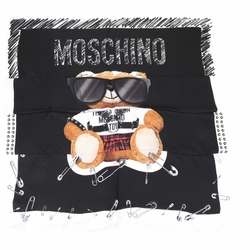 MOSCHINO 墨鏡泰迪熊印花黑白色真絲方巾