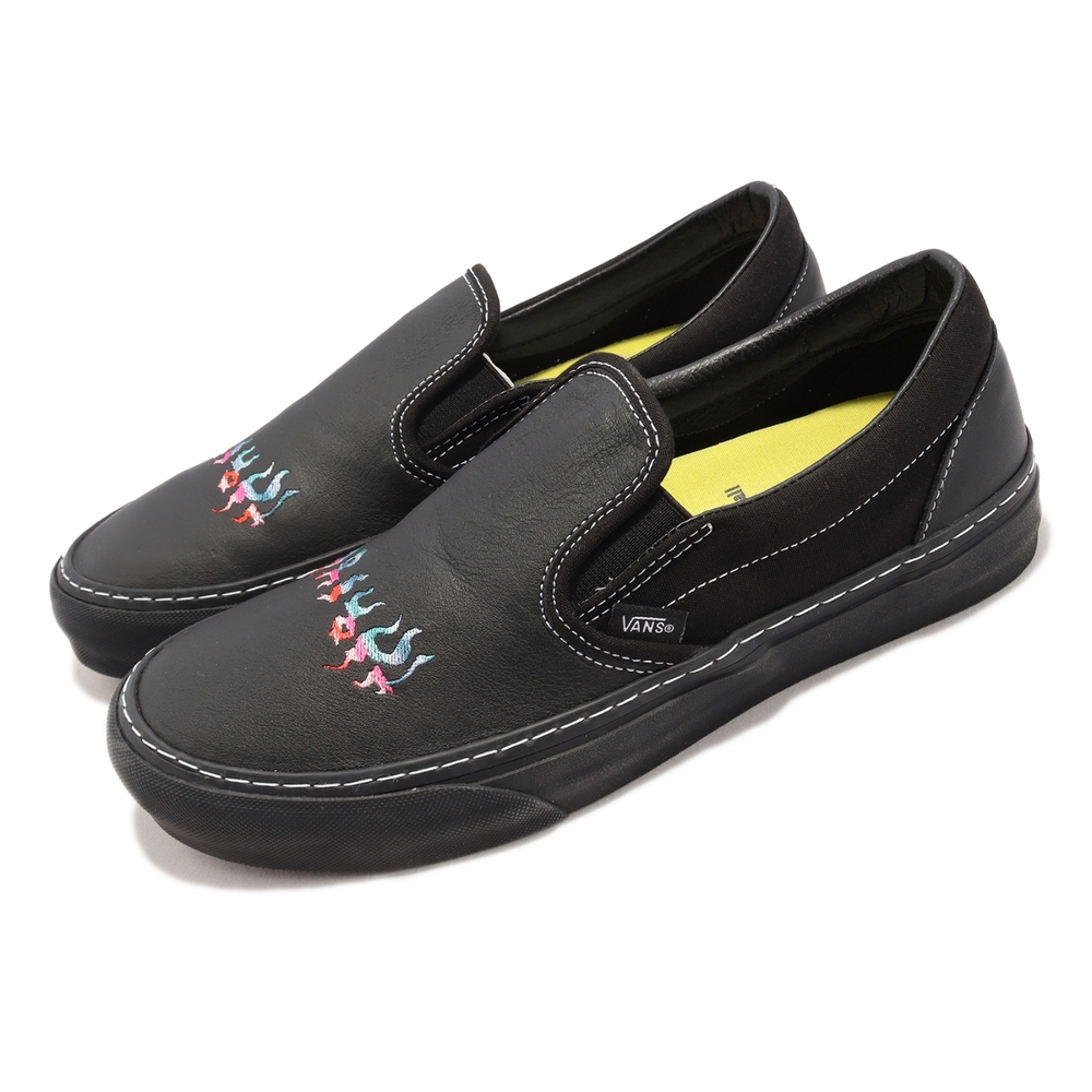 Vans 休閒鞋 Classic Slip-On S 男鞋 女鞋 皮革 黑 全黑 火焰 懶人鞋 簽名鞋 VN0A3MUCN3H