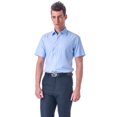 金‧安德森 藍色斜紋窄版短袖襯衫