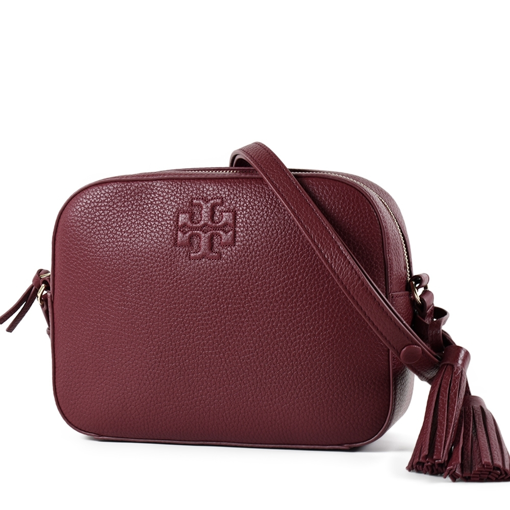 TORY BURCH 荔枝紋流蘇掛飾肩背/斜背二用方包-酒紅色