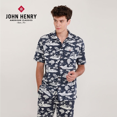 JOHN HENRY 渡假島嶼古巴領短袖襯衫-深藍
