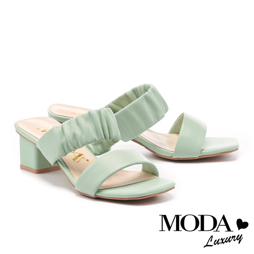 拖鞋 MODA Luxury 甜美浪漫系抓皺羊皮一字高跟拖鞋－綠