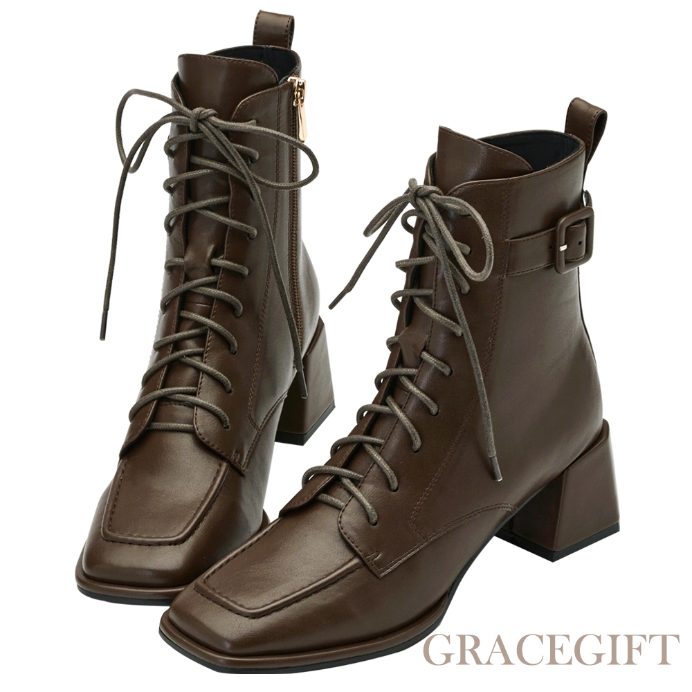 【Grace Gift】逸歡聯名-俏麗淑女方頭綁帶靴 咖