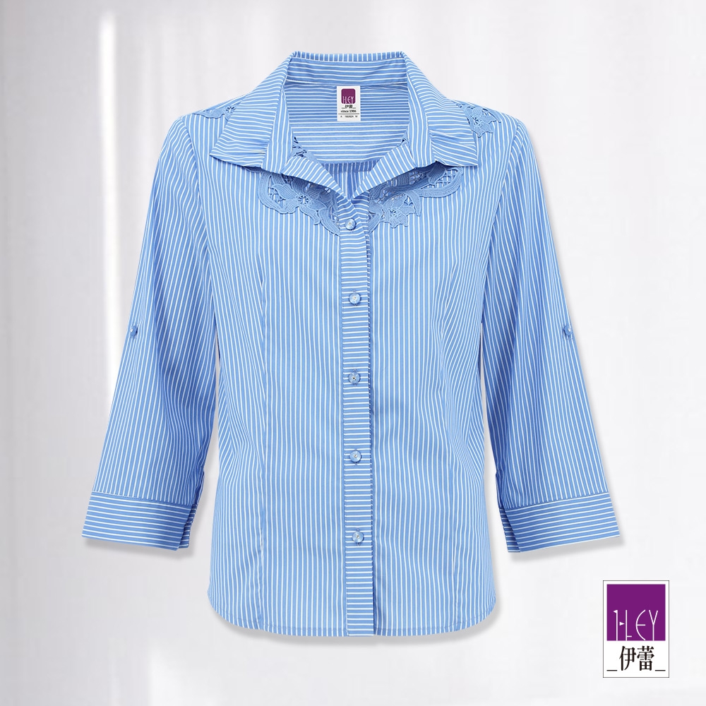 ILEY伊蕾 都會縷空刺繡蕾絲條紋襯衫上衣(藍色；M-XL)1231061503
