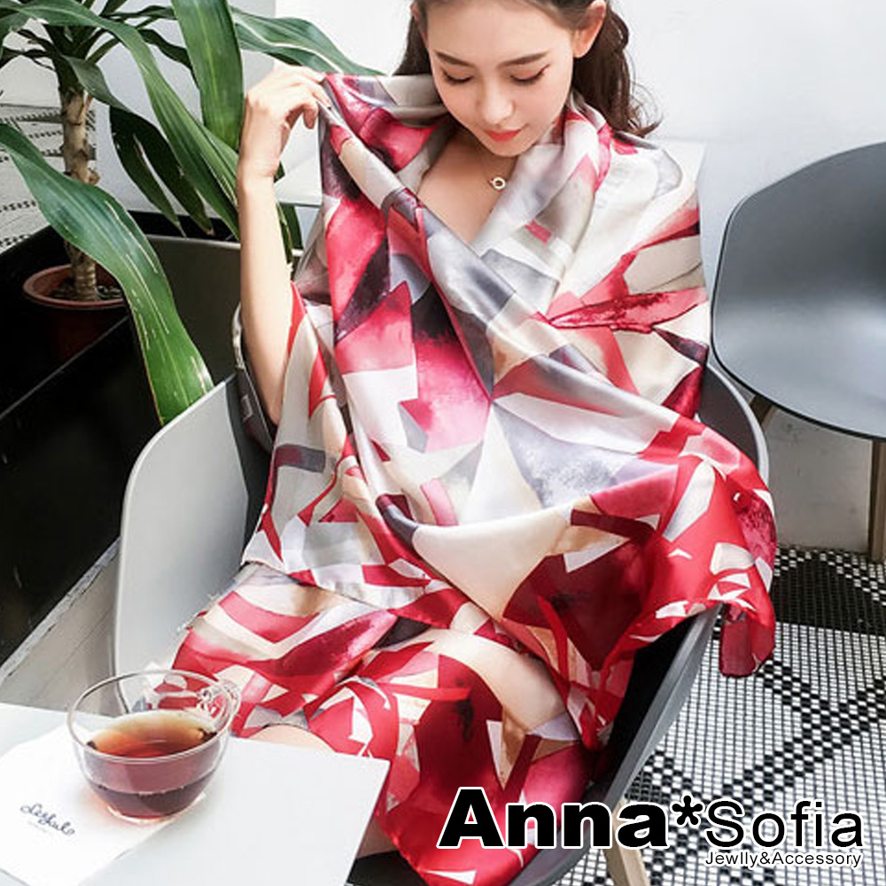 AnnaSofia 菱光漫拼色塊 亮緞面仿絲披肩絲巾圍巾(紅色)