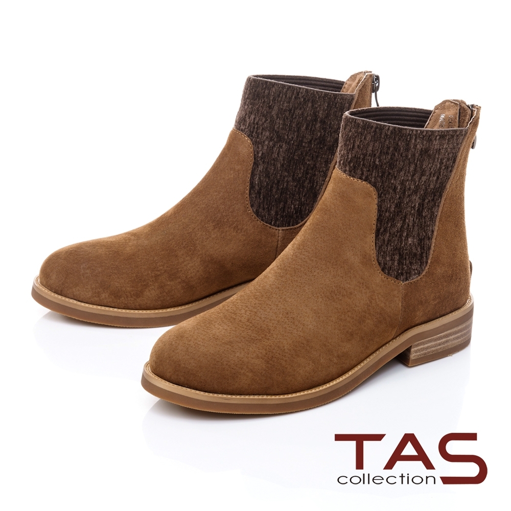 TAS彈力絨布異材質拼接低跟短靴-焦糖棕