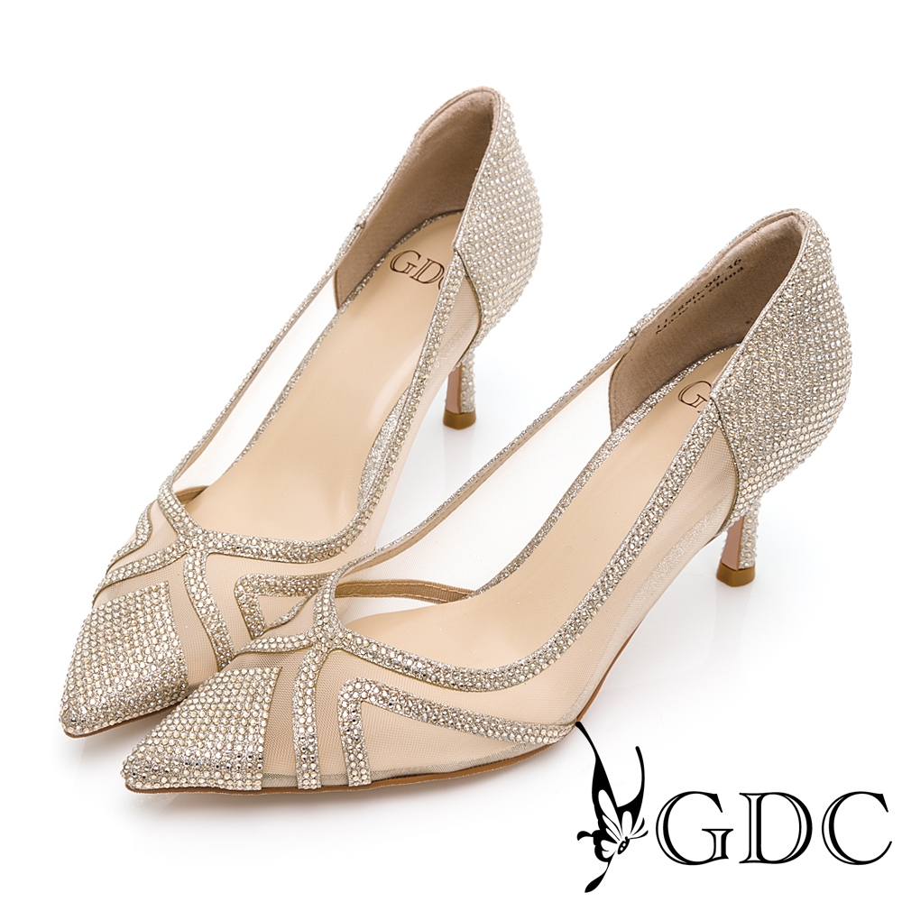 GDC-性感尤物透紗水鑽流線設計尖頭中跟新娘宴會婚鞋-金色