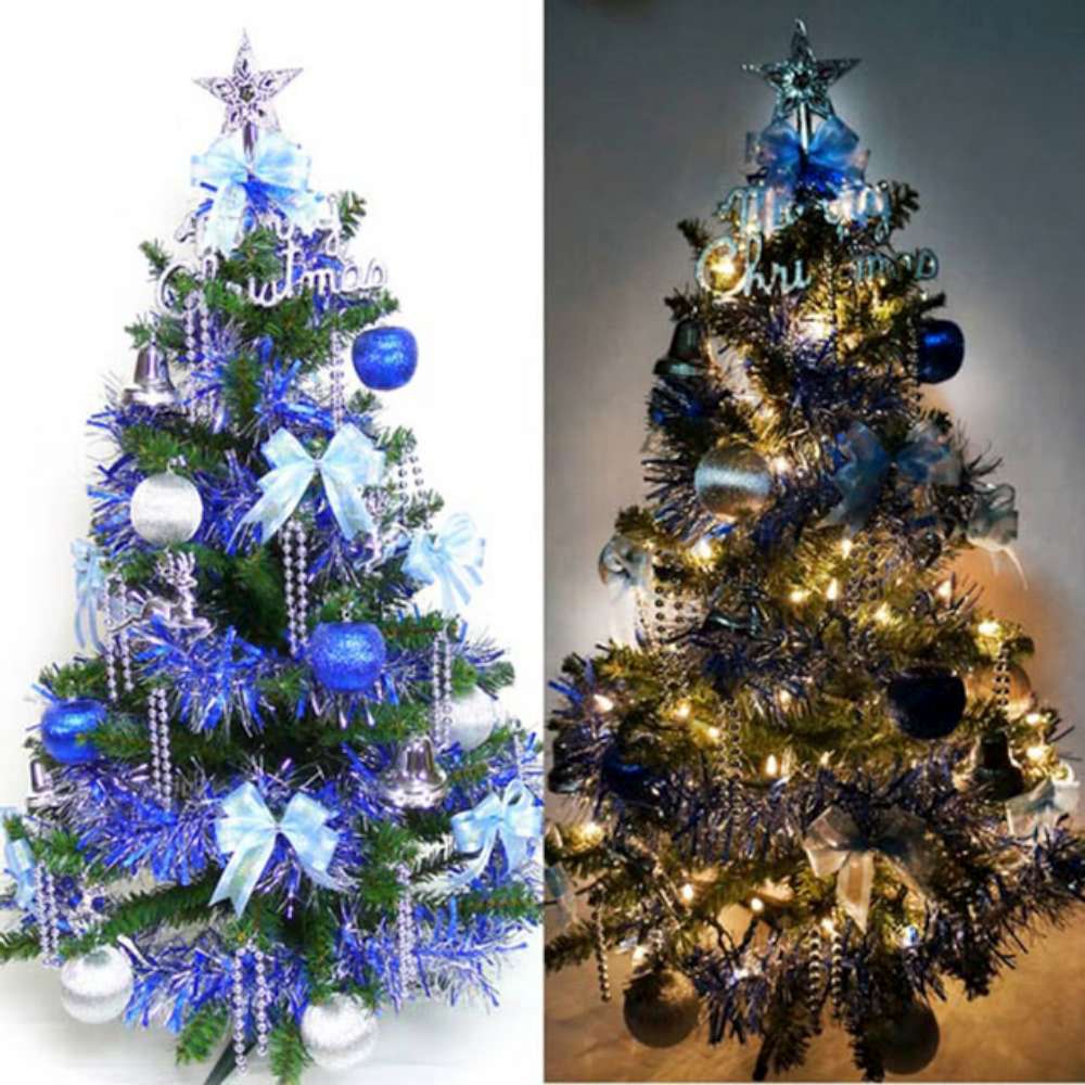 摩達客 幸福3尺(90cm)一般型裝飾綠聖誕樹(藍銀色系+100燈鎢絲樹燈串)