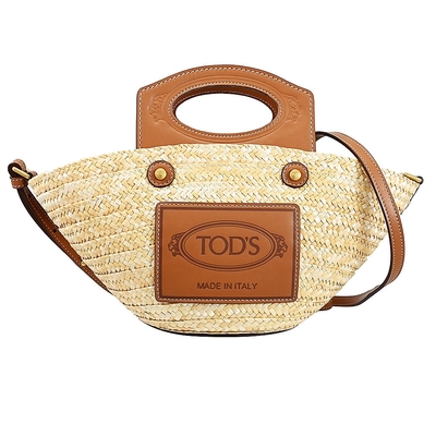 TOD’S 烙印LOGO小牛皮拼接草編手提斜背兩用包(卡其/棕邊)