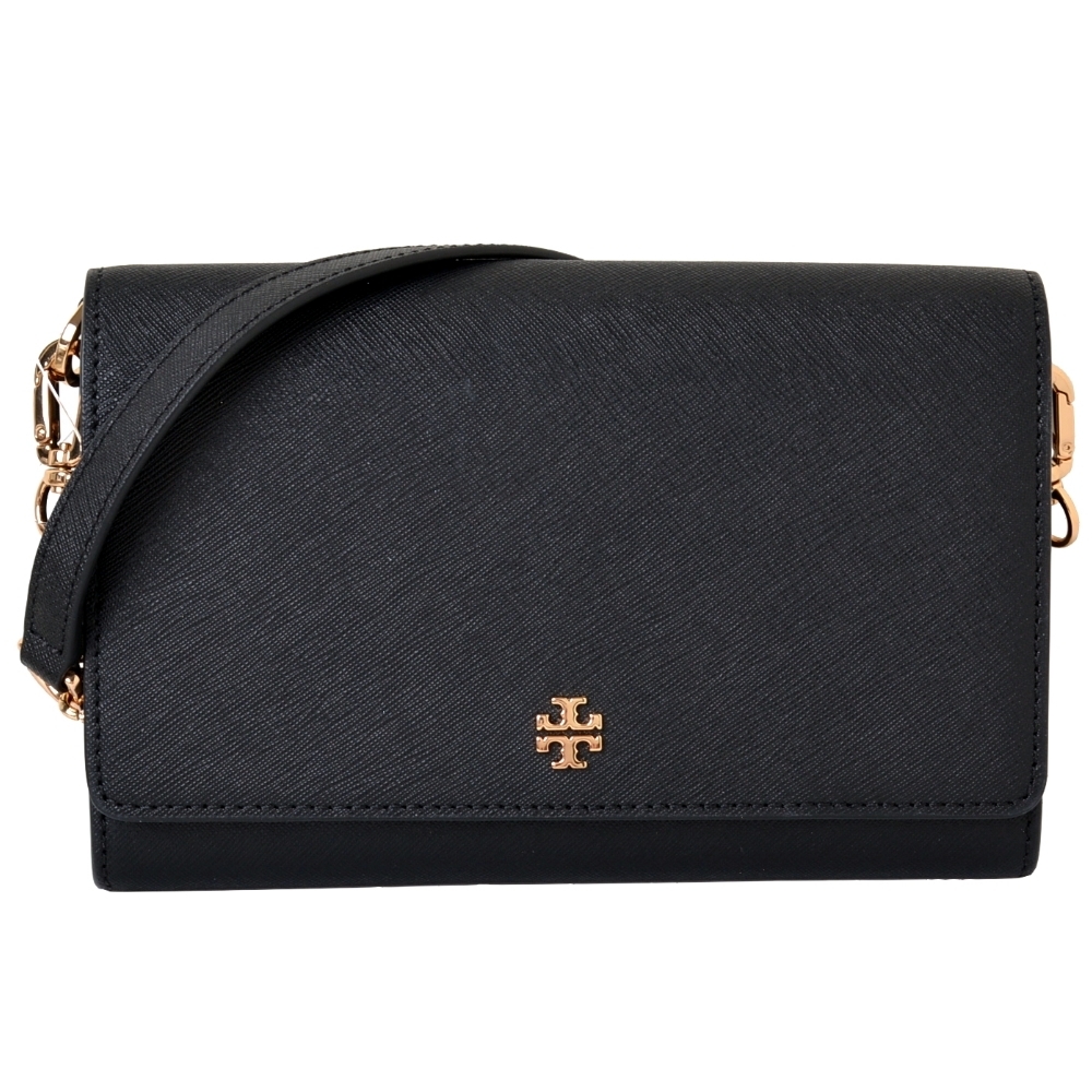 TORY BURCH EMERSON經典LOGO防刮皮革鍊帶斜背包-經典黑