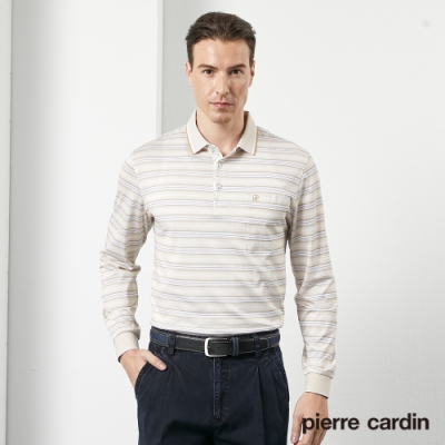 Pierre Cardin皮爾卡登 男款 橫條印花長袖POLO衫-卡其色(5205257-85)