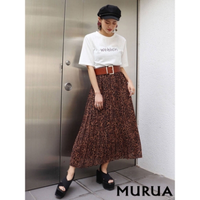 MURUA 豹紋圖騰不對稱百褶長裙