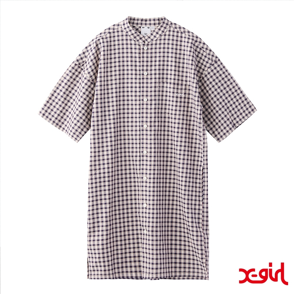 X-girl MAO COLLAR PLAID DRESS OVERSIZE襯衫-米色