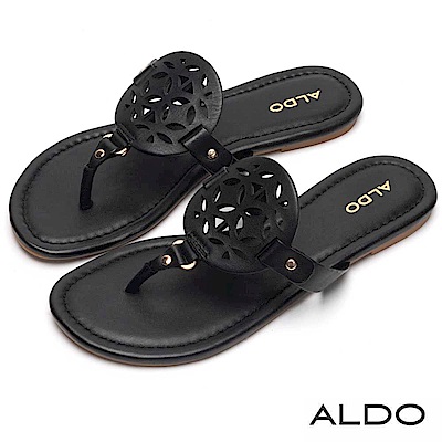 ALDO 原色真皮鏤空雕花夾腳涼鞋~尊爵黑色