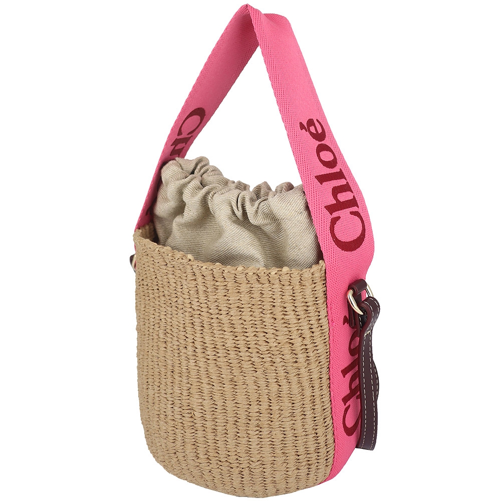 CHLOE WOODY BASKET 粉紅色刺繡帆布草編斜背/手提水桶包