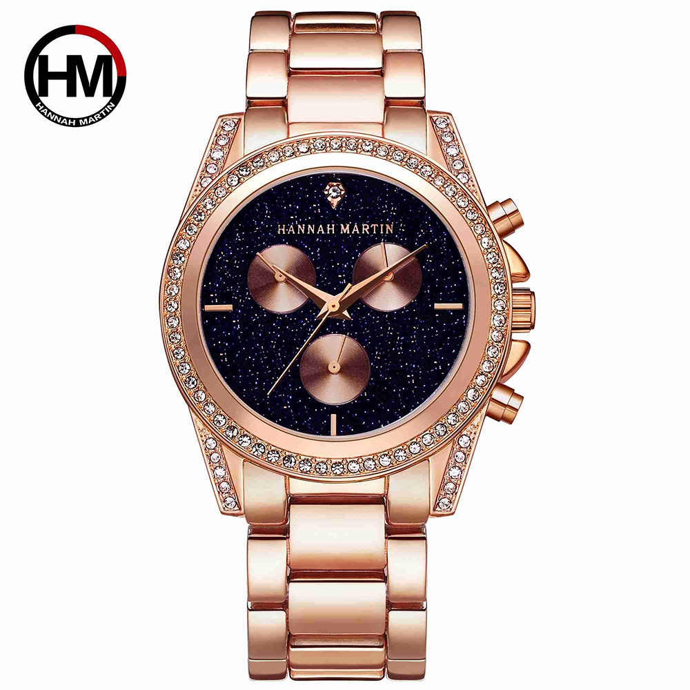 HANNAH MARTIN 黑夜繁星裝飾三眼不鏽鋼腕錶(HM-1108)黑x40mm