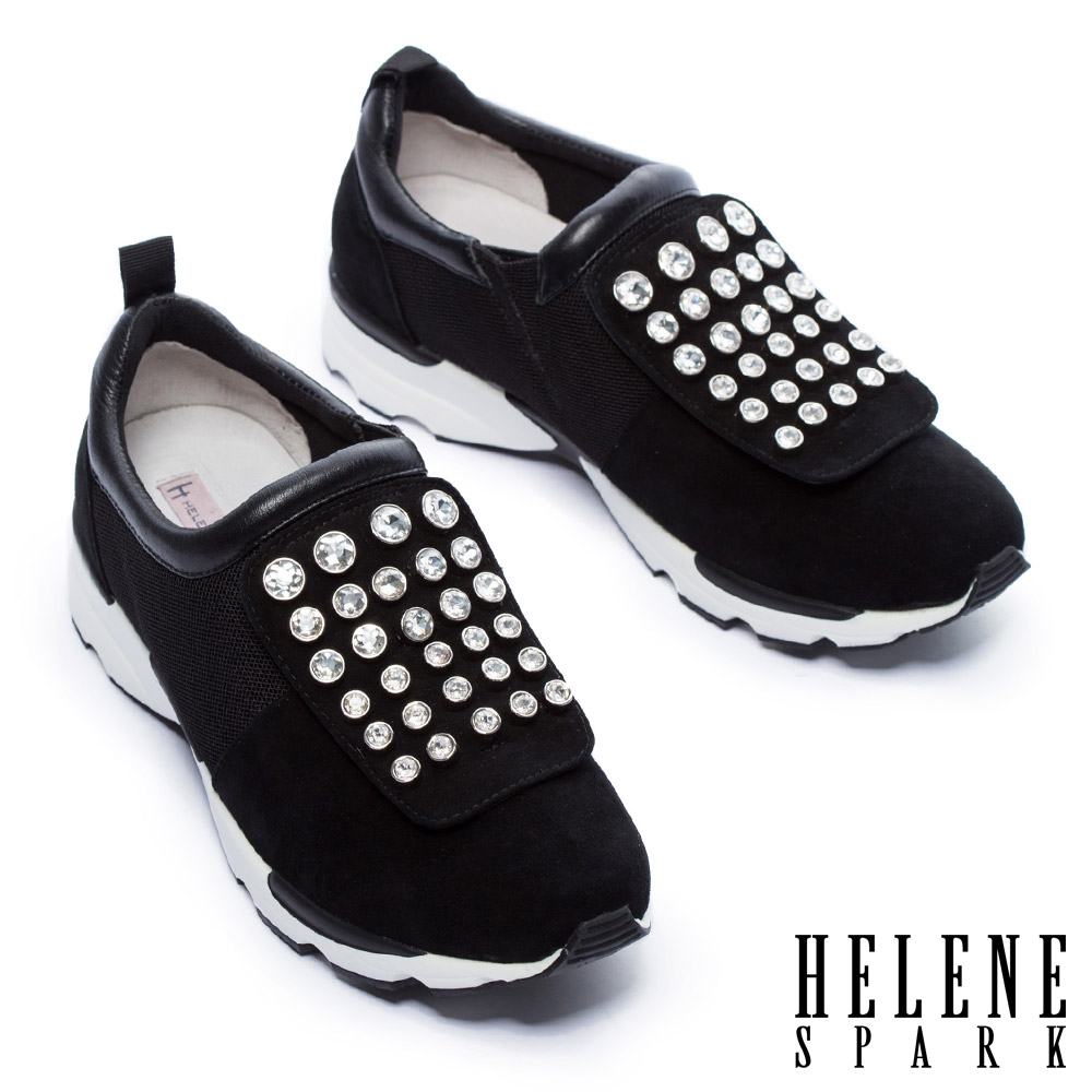休閒鞋 HELENE SPARK 摩登時尚白鑽設計異材質拼接厚底休閒鞋－黑