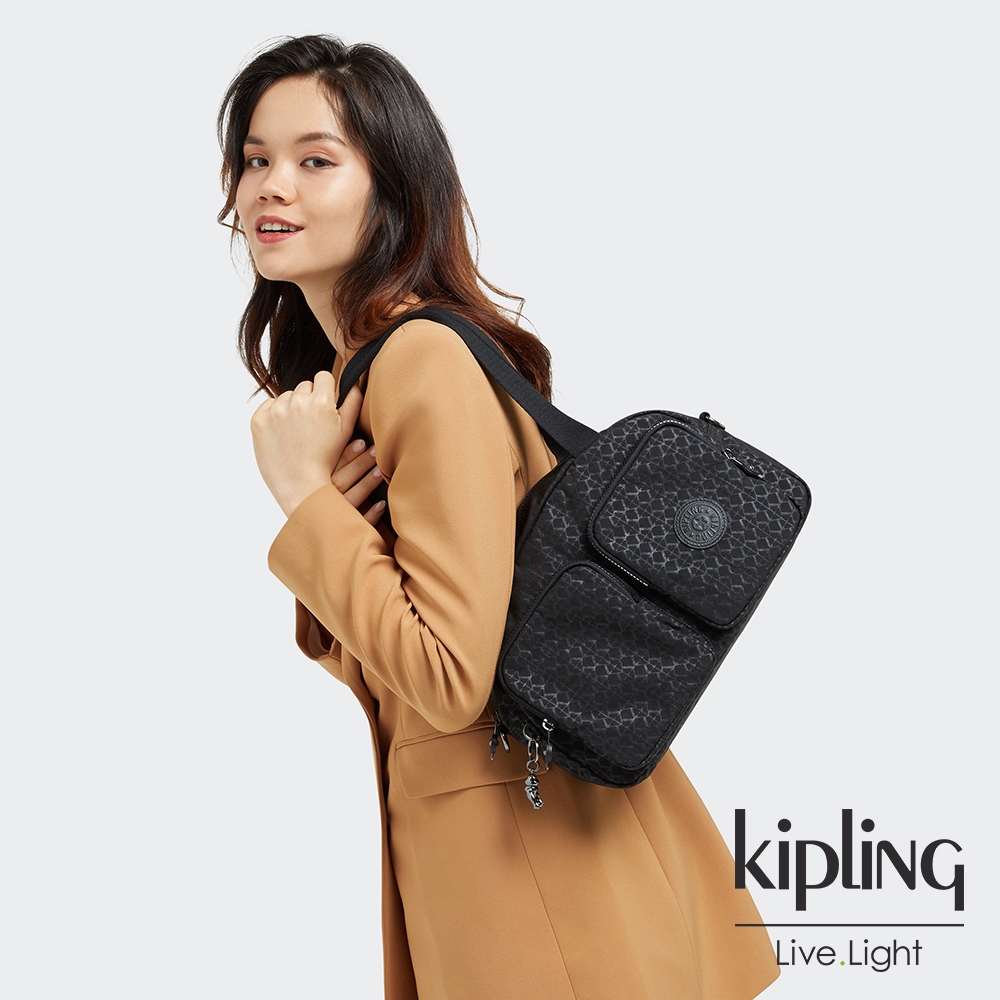 Kipling 經典黑菱格紋印花多口袋實用斜背包-COOL DEFEA