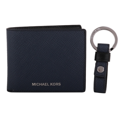 MICHAEL KORS 銀字MK 防刮8卡短夾+鑰匙圈禮盒(海軍藍)