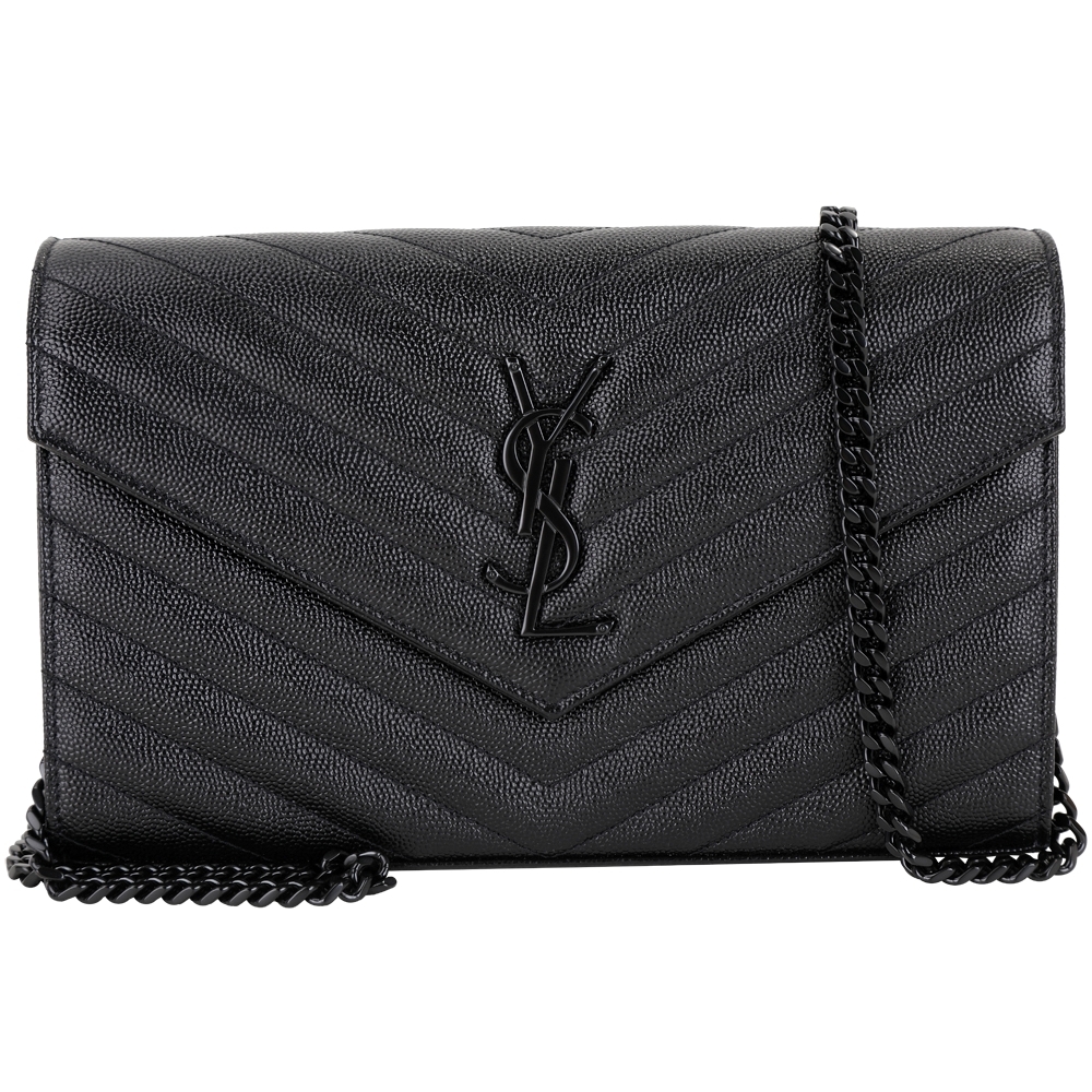 YSL Saint Laurent Monogram 大型 全黑款V紋魚子醬牛皮可拆鍊帶手拿/斜背包