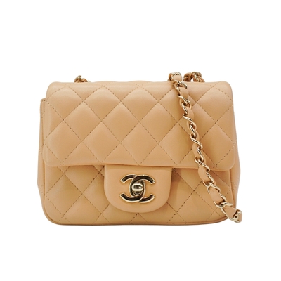 二手品 Chanel Coco 羊皮淡金logo方胖斜背包-17cm(A35200-奶茶色)