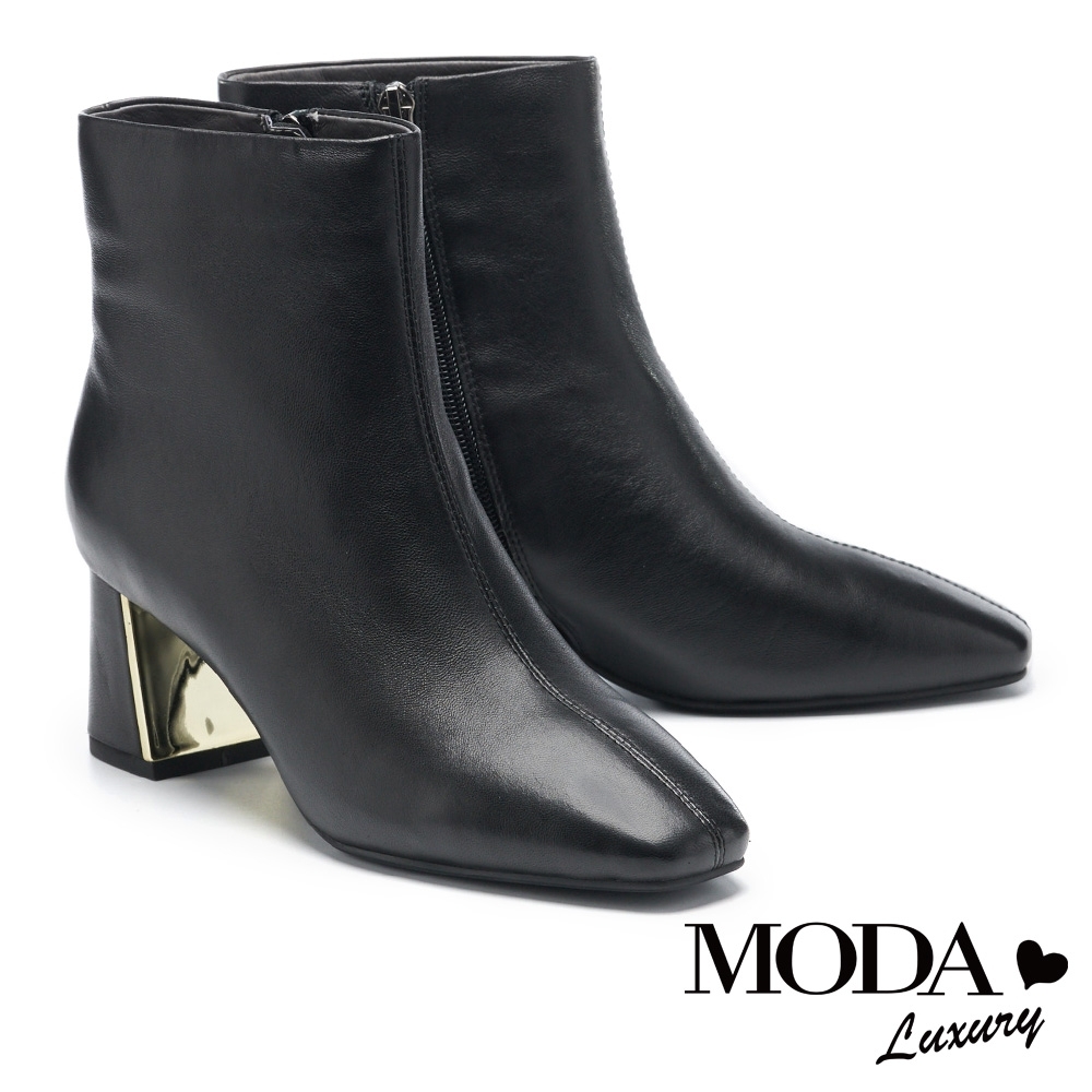 短靴 MODA Luxury 簡約復古品味方頭鍍金屬粗高跟短靴－黑
