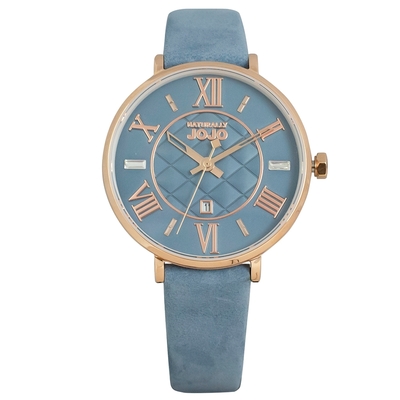 NATURALLY JOJO清奢都會菱格紋皮革腕錶-JO96993-55R(夕雾藍色x玫瑰金/34mm)