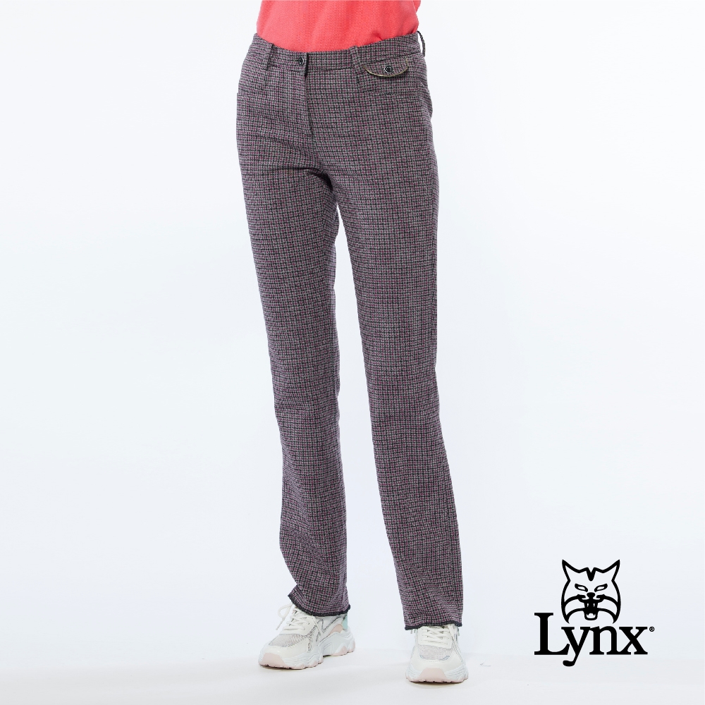 【Lynx Golf】女款日本進口布料溫暖舒適內刷毛材質小千鳥紋路窄管長褲-酒紅色