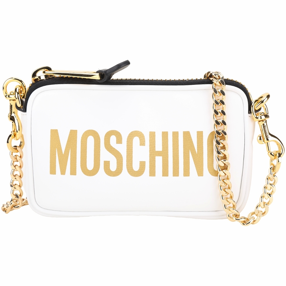 MOSCHINO 字母印花牛皮可拆鍊帶手拿/斜背包(白色)