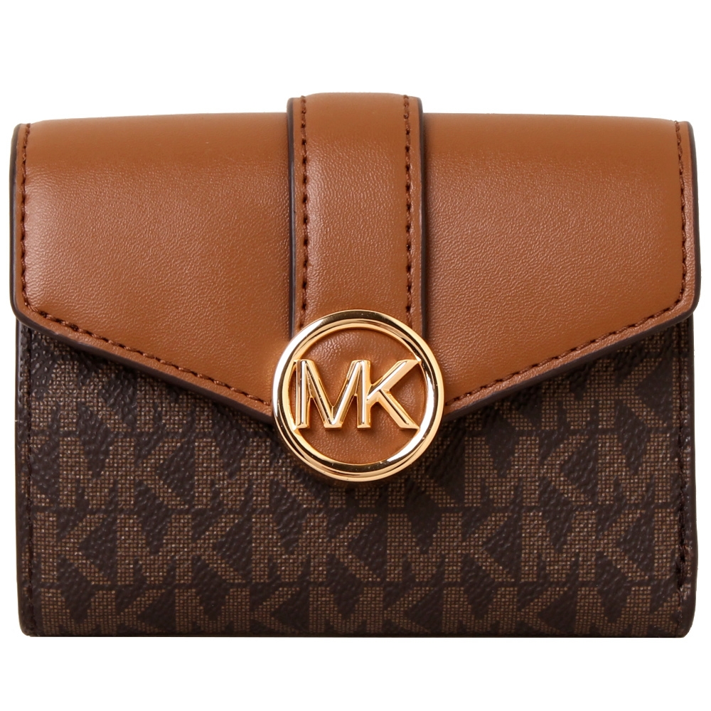 MICHAEL KORS CARMEN立體LOGO滿版皮革拼接三折釦式短夾-咖啡