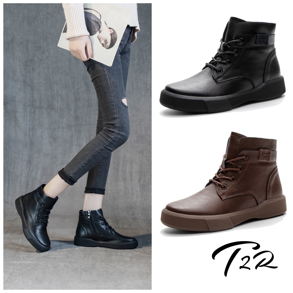 T2R-正韓空運-真皮綁帶拉鍊造型個性厚底短靴-增高約4公分-黑/棕