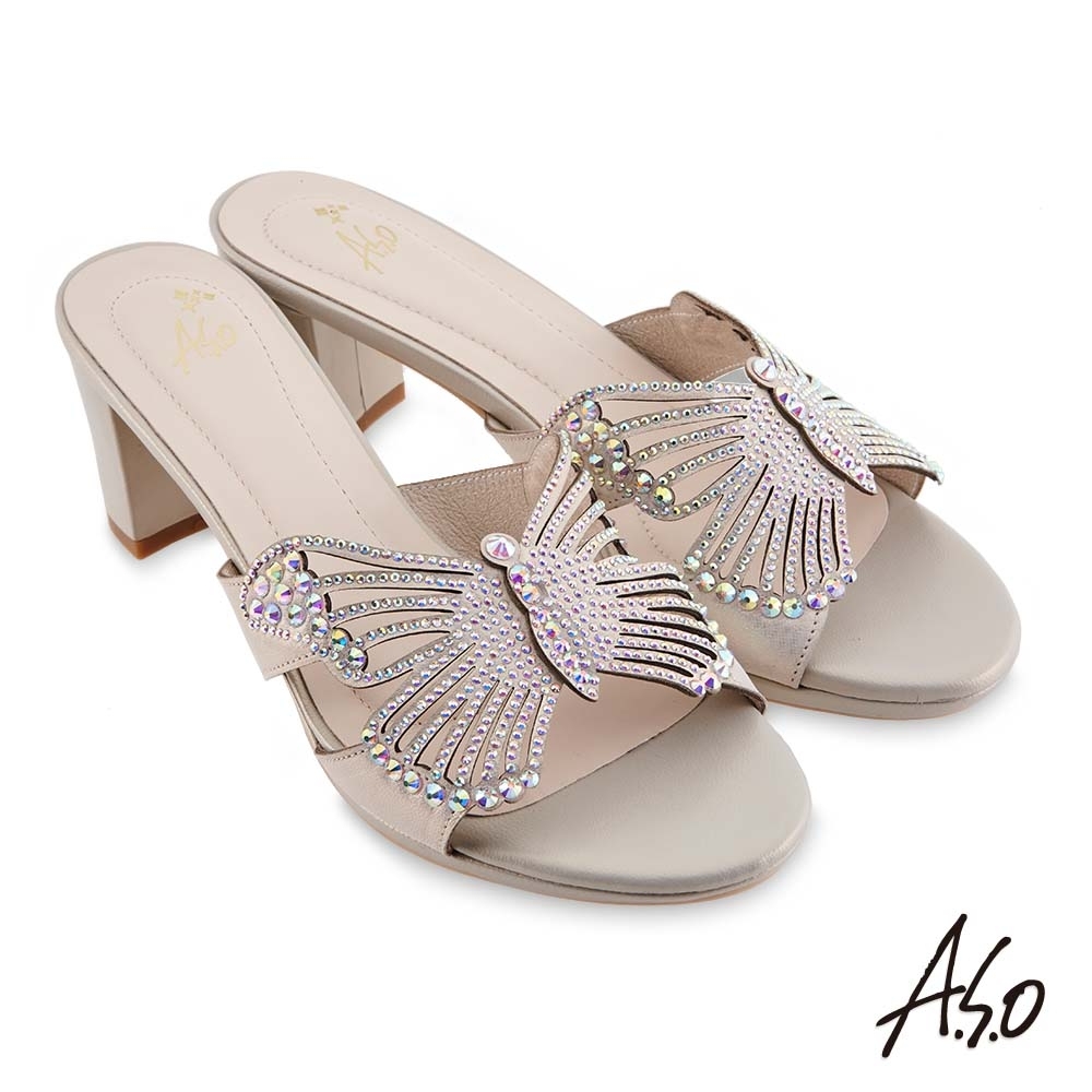 A.S.O 時尚流行 優雅時尚蝴蝶造型燙鑽涼拖鞋-銀