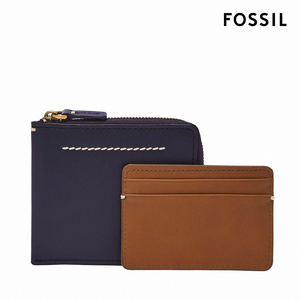 FOSSIL Westover 真皮拉鍊L型卡片夾包2件組-藍色 ML4594545 (禮盒組附鐵盒)