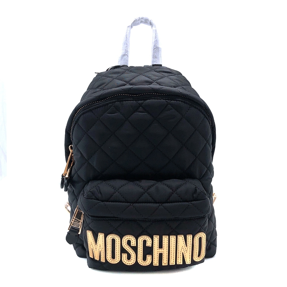 MOSCHINO 品牌logo菱格縫線尼龍後背包(黑)