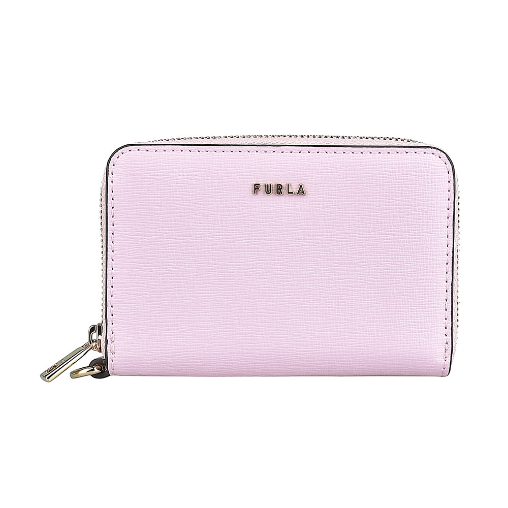 FURLA Babylon金字LOGO防刮牛皮2卡拉鍊錢包(蛋白石粉x淺灰)