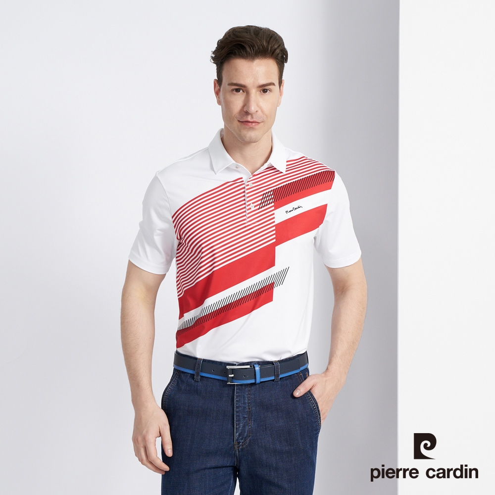 Pierre Cardin皮爾卡登 男裝 吸濕排汗胸前印花短袖Polo衫-白色(5227206-90)