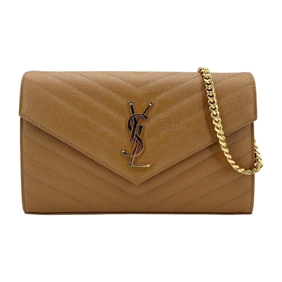 YSL Saint Laurent Monogram V字縫線牛皮金logo斜肩/手拿包(377828-焦糖色)